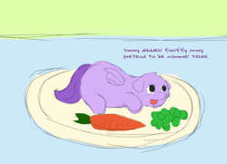 Size: 1375x994 | Tagged: safe, artist:carpdime, fluffy pony, carrot, pea, person as food, plate, pretend, solo