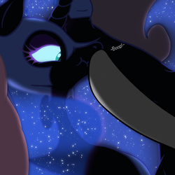 Size: 1280x1280 | Tagged: safe, artist:azurek, nightmare moon, g4, :t, boop, cross-eyed, eyelashes, scrunchy face