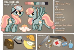 Size: 1024x697 | Tagged: safe, artist:ivyhaze, oc, oc only, oc:morning mist, pegasus, pony, bag, earring, female, goggles, gun, knife, mare, reference sheet, solo, weapon