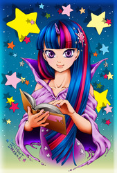 Size: 1594x2362 | Tagged: safe, artist:arinko, twilight sparkle, human, g4, book, female, horn, horned humanization, humanized, pixiv, solo