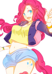 Size: 2480x3507 | Tagged: safe, artist:daikoku, pinkie pie, human, g4, backpack, belly button, clothes, cute, cutie mark, diapinkes, female, high res, humanized, midriff, open mouth, pixiv, shorts, simple background, solo, tailed humanization, white background