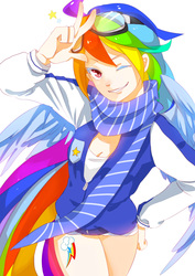 Size: 2480x3507 | Tagged: safe, artist:daikoku, rainbow dash, human, g4, clothes, cutie mark, female, goggles, high res, humanized, pixiv, scarf, shorts, solo, tailed humanization, winged humanization