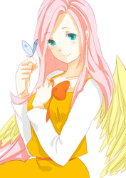 Size: 2480x3507 | Tagged: safe, artist:daikoku, fluttershy, butterfly, human, g4, female, high res, humanized, pixiv, solo, winged humanization