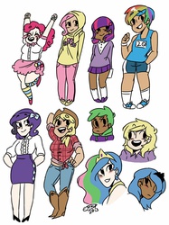 Size: 1564x2092 | Tagged: safe, artist:thesharkeater, applejack, derpy hooves, fluttershy, pinkie pie, princess celestia, princess luna, rainbow dash, rarity, spike, twilight sparkle, human, g4, converse, dark skin, humanized, mane six, shoes