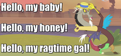 Size: 1025x475 | Tagged: safe, edit, edited screencap, screencap, discord, draconequus, g4, three's a crowd, caption, cute, dancing, discute, hat, image macro, looney tunes, lyrics, male, michigan j. frog, one froggy evening, solo, song, song reference