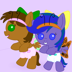 Size: 2400x2400 | Tagged: safe, artist:emerald rush, oc, oc only, oc:emerald rush, oc:night spectrum, butterfly, pegasus, pony, antennae, baby, baby pony, clothes, costume, diaper, foal, high res, pegaling