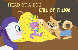 Size: 5100x3300 | Tagged: safe, artist:bico-kun, rarity, spike, oc, diamond dog, dragon, griffon, pony, unicorn, g4, anklet, blushing, bracelet, cover art, crown, dragon hoard, eyes closed, feeding, female, floppy ears, gem, gold, hidden, hoard, implied sparity, jealous, male, mare, necklace, open mouth, ship:sparity, shipping, smiling, straight, tongue out, treasure, trio, wide eyes