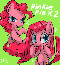 Size: 600x650 | Tagged: safe, artist:nanatuco, pinkie pie, earth pony, pony, g4, alternate universe, angry, bipedal, cute, cuteamena, diapinkes, duality, female, frown, glare, looking at you, looking back, lunaverse, open mouth, pinkamena diane pie, pixiv, raised hoof, role reversal, sitting, smiling, solo, sparkles
