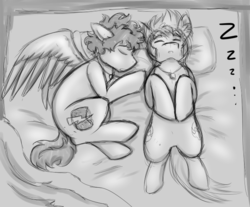 Size: 646x535 | Tagged: safe, artist:deyogee, oc, oc only, achievement hunter, bed, gavin free, michael jones, monochrome, rooster teeth, sketch, sleeping