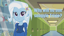 Size: 1280x720 | Tagged: safe, screencap, trixie, equestria girls, g4, blue text, bronybait, caption, cute, female, imma snuggle you, snuggles?, solo, third person