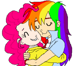 Size: 290x250 | Tagged: safe, artist:asdf314159265, pinkie pie, rainbow dash, human, g4, duo, female, hug, humanized, lesbian, necktie, ship:pinkiedash, shipping