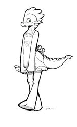 Size: 588x969 | Tagged: safe, artist:gaydragon, spike, dragon, g4, apron, blushing, clothes, cute, male, monochrome, naked apron, solo