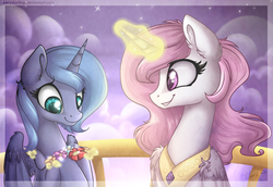 Size: 2900x2000 | Tagged: safe, artist:rrusha, princess celestia, princess luna, alicorn, pony, g4, balcony, cloud, female, floral necklace, high res, magic, pink-mane celestia, s1 luna, sisters, smiling, younger