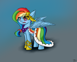 Size: 800x640 | Tagged: safe, artist:dawn079, rainbow dash, pegasus, pony, g4, the best night ever, blushing, clothes, dress, female, gala dress, shoes, solo
