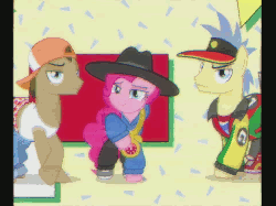 Size: 960x720 | Tagged: safe, screencap, doctor whooves, goldengrape, pinkie pie, sir colton vines iii, time turner, earth pony, pony, g4, season 4, testing testing 1-2-3, '90s, 4:3, alarm clock, animated, backwards ballcap, baseball cap, bling, clothes, dancing, gif, hat, hip hop, hoodie, jacket, jeans, letterboxing, male, music video, pose, rap, rapper pie, sneakers, sports visor, stallion, sweatpants, symbol, tank top, underwear, wonderbolts logo