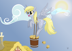 Size: 2339x1654 | Tagged: safe, artist:isegrim87, derpy hooves, pegasus, pony, g4, bucket, cloud, cute, derpabetes, female, flying, house, mare, muffin, open mouth, sky, solo, sun