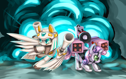 Size: 1280x801 | Tagged: safe, artist:yutoraru, sweetie belle, oc, oc:machina, pony, robot, unicorn, g4, crossover, explosion, female, filly, foal, hooves, horn, sorcerland, sweetie bot