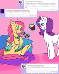 Size: 1280x1600 | Tagged: dead source, safe, artist:fatfurparadise, fluttershy, rarity, g4, chubby, clothes, cookie, cupcake, dress, fat, fattershy, feeding, female, lesbian, pillow, ship:flarity, shipping, tumblr, weight gain