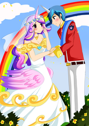 Size: 1080x1530 | Tagged: safe, artist:sakura02, princess cadance, shining armor, human, g4, belt, blushing, cleavage, clothes, dress, female, flower, horn, horned humanization, humanized, pants, rainbow, wedding dress