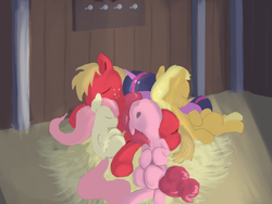 Size: 800x600 | Tagged: safe, artist:untiltheballoons, applejack, big macintosh, fluttershy, pinkie pie, twilight sparkle, earth pony, pony, g4, big macintosh gets all the mares, cuddle puddle, cuddling, drool, eyes closed, floppy ears, friendshipping, harem, hay, male, on back, on side, open mouth, pinkiemac, pony pile, ship:applemac, ship:fluttermac, ship:twimac, shipping, sleeping, snuggling, stallion, straight