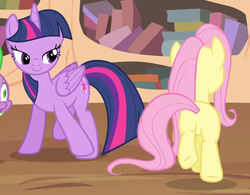 Size: 907x706 | Tagged: safe, screencap, fluttershy, spike, twilight sparkle, alicorn, pony, g4, butt, female, lidded eyes, mare, out of context, plot, smiling, twilight sparkle (alicorn), underhoof, wide eyes