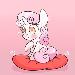 Size: 1200x1200 | Tagged: safe, artist:joycall6, sweetie belle, g4, blushing, female, heart, pillow, solo