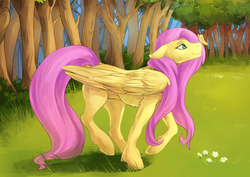 Size: 958x678 | Tagged: safe, artist:risu-nya, fluttershy, butterfly, pegasus, pony, g4, bush, butterfly on nose, female, floppy ears, grass, hoof fluff, insect on nose, large wings, leg fluff, mare, raised hoof, raised leg, realistic horse legs, solo, tree, wings