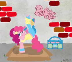 Size: 1250x1077 | Tagged: safe, artist:coggler, pinkie pie, g4, boombox, breakdancing, dancing, female, headband, leg warmers, solo