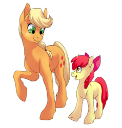 Size: 995x1045 | Tagged: safe, artist:risu-nya, apple bloom, applejack, earth pony, pony, g4, duo, duo female, female, missing accessory, simple background, white background