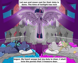 Size: 950x775 | Tagged: safe, artist:kill joy, princess celestia, princess luna, twilight sparkle, alicorn, pony, g4, casket, dead, eyes closed, female, flower, funeral, glowing, mare, mortality blues, s1 luna, sad, twilight sparkle (alicorn), vow