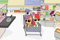 Size: 3750x2500 | Tagged: safe, artist:app1ebloom, apple bloom, applejack, bon bon, daisy, flower wishes, roseluck, scootaloo, sweetie belle, sweetie drops, g4, cutie mark crusaders, grocery store, shopping cart, supermarket, this will end in tears and/or death and/or covered in tree sap