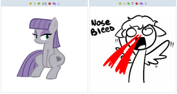 Size: 512x274 | Tagged: safe, maud pie, oc, earth pony, pegasus, pony, derpibooru, g4, blank eyes, exploitable meme, explosive nosebleed, female, juxtaposition, juxtaposition win, male, mare, meme, meta, missing accessory, no pupils, nosebleed, spread wings, stallion, wingboner, wings