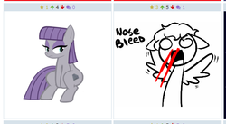 Size: 526x289 | Tagged: safe, maud pie, oc, oc:winged-shine, earth pony, pegasus, pony, derpibooru, g4, blank eyes, exploitable meme, explosive nosebleed, female, juxtaposition, juxtaposition win, male, mare, meme, meta, missing accessory, no pupils, nosebleed, stallion, surprised face, wingboner