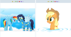 Size: 509x269 | Tagged: safe, artist:kishmond, artist:mlpfim135, applejack, rainbow dash, soarin', derpibooru, g4, leap of faith, my little pony: friendship is magic, bedroom eyes, exploitable meme, female, goggles, juxtaposition, juxtaposition win, male, meme, meta, raised leg, ship:soarindash, shipping, smiling, spread wings, straight, wet, wet mane, wonderbolts uniform