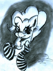 Size: 1579x2115 | Tagged: safe, artist:digitaldomain123, pinkie pie, g4, blushing, clothes, doodle, female, monochrome, sketch, sock, socks, solo, striped socks, traditional art