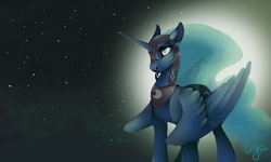 Size: 1280x768 | Tagged: safe, artist:casynuf, nightmare moon, princess luna, g4, female, glowing, helmet, night, nightmare luna, sky, smiling, solo, spread wings, stars