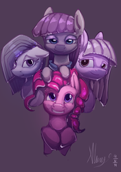 Size: 4000x5672 | Tagged: safe, artist:alumx, limestone pie, marble pie, maud pie, pinkie pie, g4, floppy ears, grin, pie sisters, portrait, siblings, sisters, smiling