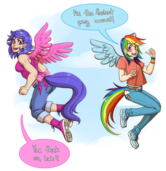 Size: 1050x1083 | Tagged: safe, artist:zombiefruits, firefly, rainbow dash, human, g1, g4, clothes, converse, dialogue, flying, humanized, jeans, stupid sexy firefly, tailed humanization, winged humanization, winged shoes