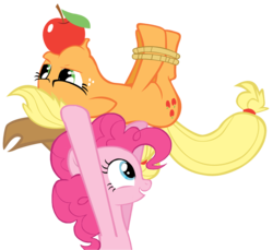 Size: 1276x1168 | Tagged: artist needed, safe, applejack, pinkie pie, g4, apple, apple gag, carrying, gag, hogtied, rope, simple background, tied up, transparent background, upside down, vector
