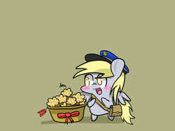 Size: 1600x1200 | Tagged: safe, artist:yichiau, derpy hooves, pegasus, pony, g4, blushing, chibi, female, mare, muffin, solo