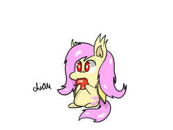 Size: 1600x1200 | Tagged: safe, artist:yichiau, fluttershy, g4, apple, biting, chibi, female, flutterbat, sitting, solo, style emulation