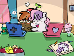 Size: 1600x1200 | Tagged: safe, artist:yichiau, button mash, rarity, sweetie belle, g4, blushing, buttonbetes, chibi, computer, cute, description in comments, diasweetes, female, hug, juice box, laptop computer, male, milkshake, ship:sweetiemash, shipping, straight, style emulation