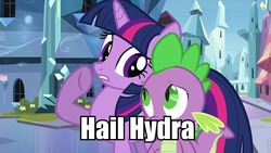 Size: 960x540 | Tagged: safe, spike, twilight sparkle, hydra, g4, captain america, confused, hail hydra, image macro, marvel, meme, multiple heads, whispering