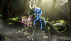 Size: 1539x896 | Tagged: safe, artist:lucky dragoness, trixie, dragon, pony, unicorn, g4, female, map, mare, ponies riding dragons, riding, scenery, scenery porn