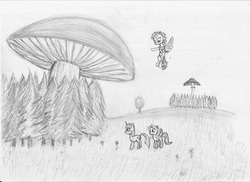 Size: 1316x957 | Tagged: safe, artist:paskanaakka, derpibooru exclusive, fluttershy, rainbow dash, twilight sparkle, g4, giant mushroom, grayscale, monochrome, mushroom, sketch, traditional art