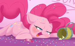 Size: 900x563 | Tagged: safe, artist:bronyseph, pinkie pie, g4, apple cider, blushing, confetti, crayon, drunk, female, floppy ears, party, prone, solo