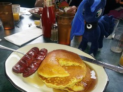 Size: 1280x960 | Tagged: safe, artist:travelingluna, princess luna, g4, breakfast, food, irl, pancakes, photo, plushie, sausage, solo, waifu dinner