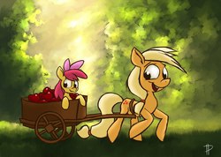 Size: 1024x731 | Tagged: safe, artist:rom-art, apple bloom, applejack, g4, apple, cart