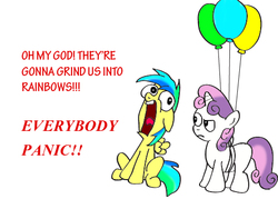 Size: 504x360 | Tagged: safe, artist:djneonglow, sweetie belle, oc, oc:aurora, oc:aurora dawn, pegasus, pony, unicorn, fanfic:rainbow factory, rainbow dash presents, g4, balloon, captain hook the biker gorilla, panic, simple background, thrackerzod, white background