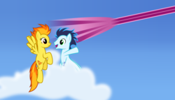 Size: 11200x6400 | Tagged: safe, artist:parclytaxel, soarin', spitfire, oc, oc:parcly taxel, alicorn, pony, g4, .svg available, absurd resolution, alicorn oc, cloud, female, flying, male, pointing, ship:soarinfire, shipping, sky, sonic boom, straight, vector